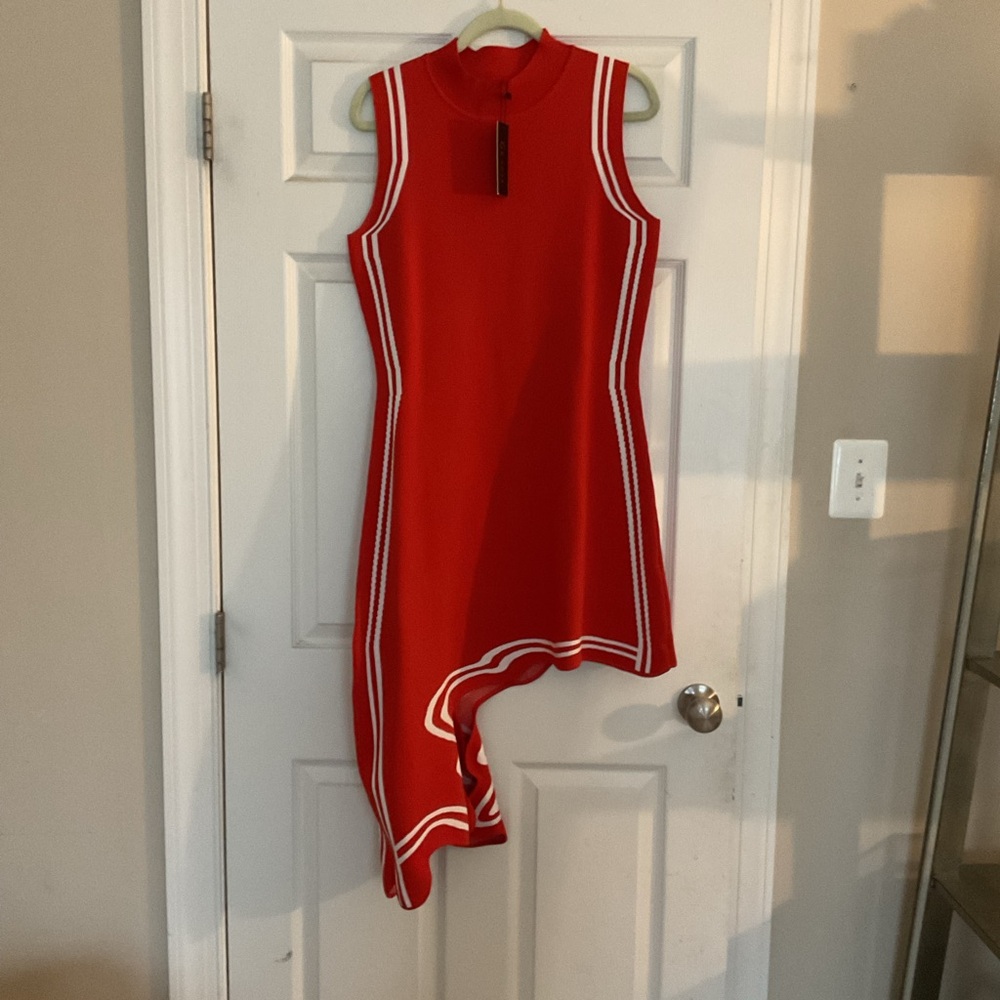 Gracia Red Sleeveless Asymmetric Hem Dress with White Trim
